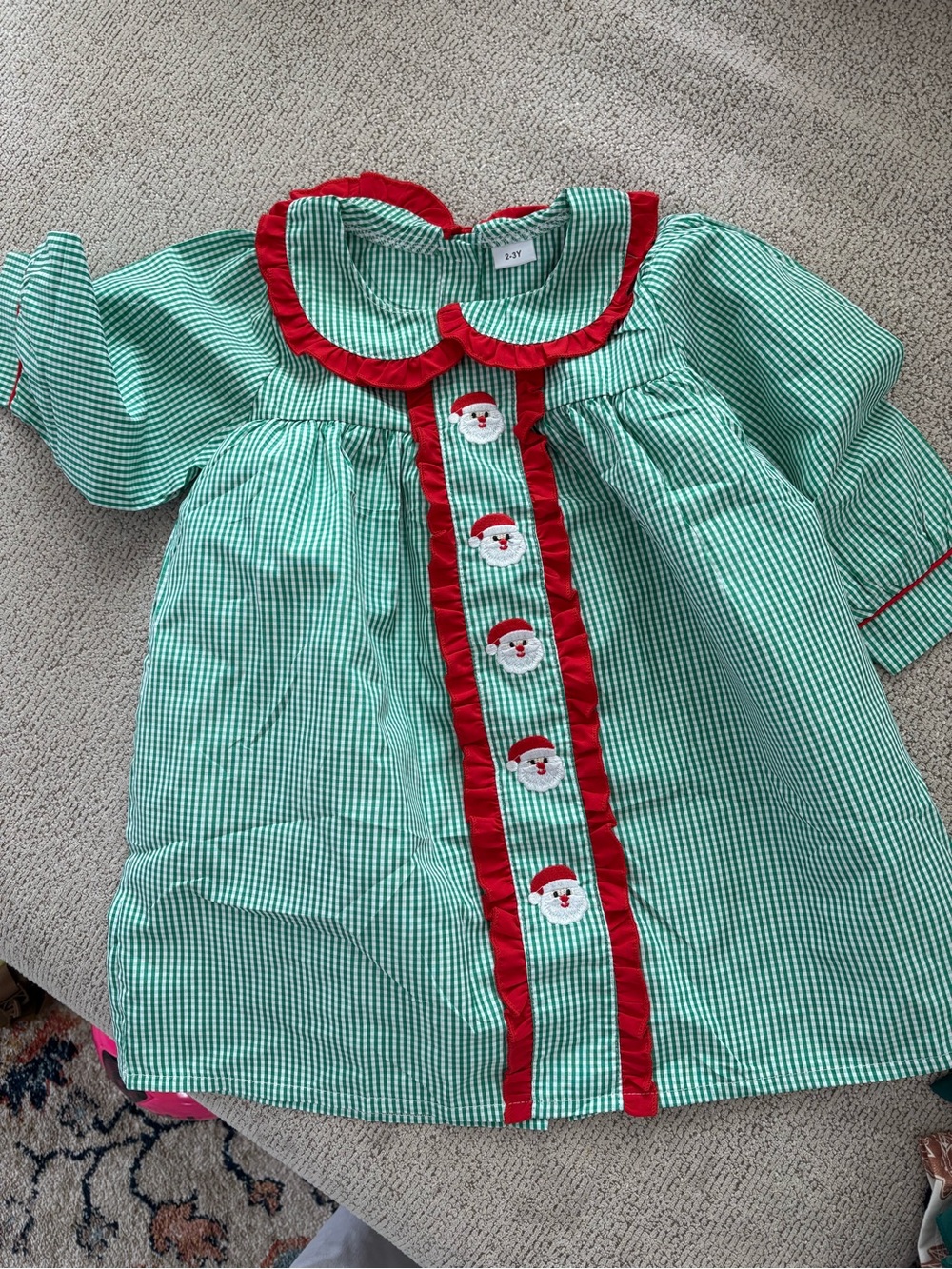 Green Gingham Girls Holiday Dress with Red Trim